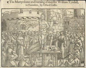 Le martyre et le bûcher de William Tyndall à Flaunders, près du château de Filford (gravure) - English School