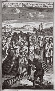 Le martyre de Ralph Allerton James Austoo, Margery Austoo et Richard Roth à Islington, illustration tirée de 