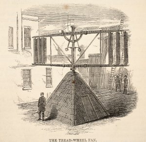 Le ventilateur à roue de marche, illustration de The Criminal Prisons of London and Scenes from Prison Life par Henry Mayhew et John Binny, pub. 1862 - English School