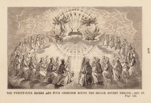 Les vingt-quatre vieillards et les quatre créatures autour du trône dans le ciel (gravure) - English School