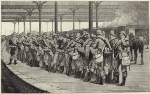 La revue des volontaires : départ du corps des artistes de la gare Victoria - English School