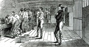 La salle de lavage sous les ponts - syndicalistes condamnés transportés en Australie, illustré dans Les Martyrs de Tolpuddle, publié par le Congrès des syndicats, 1834 - English School
