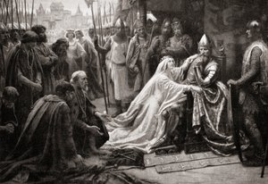 La femme du roi Édouard III, la reine Philippa de Hainaut, intercède auprès de son mari pour demander que la vie des sept bourgeois de Calais soit épargnée (impression) - English School