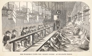 Atelier sous le système silencieux à la prison de Millbank, illustration de The Criminal Prisons of London and Scenes from Prison Life par Henry Mayhew et John Binny, pub. 1862 - English School