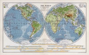 Le monde en hémisphères montrant la hauteur des terres et la profondeur des mers - English School
