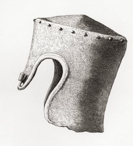 Casque cylindrique à sommet plat du XIIIe siècle avec nasal, déterré au château de Montgomery en 1841, tiré de L