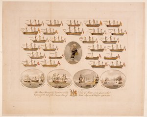 Cette plaque est parrainée par le vicomte Nelson duc de Bronte qui a assisté à la capture de 26 navires de ligne ennemis pendant la guerre de 1793 à 1805 - English School