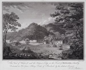 Vue de Whitewell et du pavillon du gardien dans la forêt de Bowland, dédiée humblement à Son Altesse Henry Duc de Buccleuch, par son obéissant serviteur J L Parker (gravure) - English School