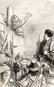 Thomas Hawkes brûlé sur le bûcher pendant les persécutions mariales, vers 1865 - English School