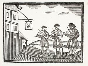 Trois violoneux dans Thames Street, qui ont joué pour un marié le matin, qui ne leur a rien donné à boire, illustration de Chap-books du XVIIIe siècle par John Ashton, pub. 1882 - English School