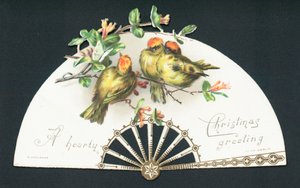 Trois petits oiseaux sur un éventail, Carte de Noël - English School
