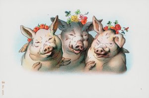 Trois cochons avec des fleurs sur la tête - English School