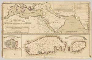 Trois cartes imprimées en couleur : Nouvelle carte de Fairburn montrant la route du général Bonaparte en mer Méditerranée, 1798 - English School