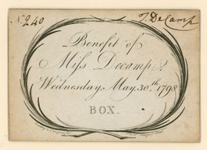 Billet pour le Théâtre de Drury Lane, Londres : Bénéfice de Miss Decamp, 30 mai 1798 - English School