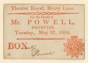 Billet pour le Théâtre de Drury Lane, Londres : Pour le bénéfice de M. Powell, souffleur, 27 mai 1806 - English School