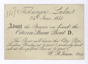 Billet pour les poissonniers de Londres pour une excursion en bateau sur le Citizen Steam Boat, 24 juin 1851 - English School