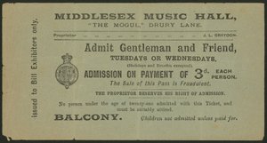 Billet pour le Middlesex Music Hall, The Mogul, Drury Lane, Londres - English School