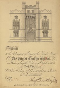 Billet pour la pose de la première pierre de la City of London School, 21 octobre 1835