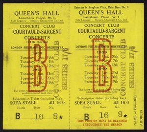 Billet pour les concerts Courtauld-Sargent, Queens Hall, Langham Place, Londres, 1939-1940 - English School