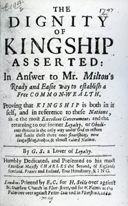 Page de titre pour La Dignité de la Royauté Affirmée par G.S. un Amoureux de la Loyauté, publié en 1660 - English School