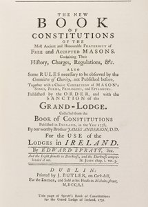 Page de titre du Livre des Constitutions de Spratt pour la Grande Loge en Irlande, 1751 - English School