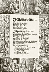 Page de titre du Nouveau Testament de William Tyndale, imprimé dans les années 1530, tirée de The National and Domestic History of England par William Hickman Smith Aubrey, publié à Londres vers 1890