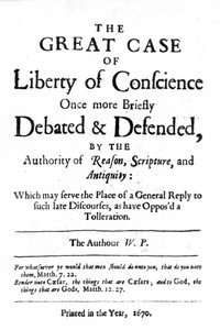 Page de titre de La Grande Affaire de la Liberté de Conscience par William Penn, publié en 1670 - English School