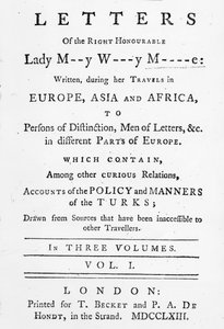 Page de titre de Lettres de la Très Honorable Lady Mary Wortley Montagu, écrites pendant ses voyages en Europe, Asie et Afrique, publiées en 1763 - English School