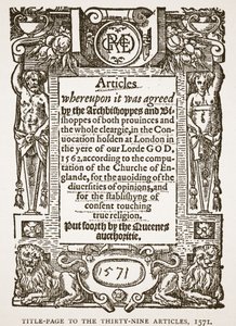 Page de titre des Trente-Neuf Articles, 1571, illustration de The Church of England: A History for the People par H.D.M. Spence-Jones - English School
