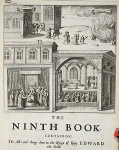 Page de titre du neuvième livre, illustration des Actes et Monuments de John Foxe, neuvième édition, pub. 1684 - English School