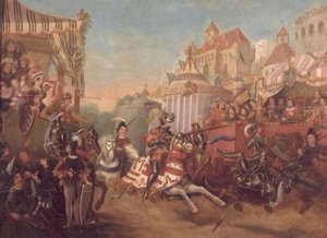 Tournoi à Calais en 1416, représentant Richard, Comte de Warwick, désarçonnant Collard Fynes - English School