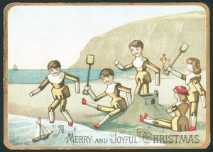 Jouets jouant sur la plage, carte de Noël - English School