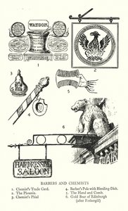 Enseignes commerciales : Barbiers et pharmaciens (lithographie) - English School