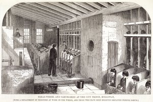 Roue à aubes et hangar à chêne à la prison de la ville, Holloway, extrait de The Criminal Prisons of London and Scenes of Prison Life par Henry Mayhew et John Binny, 1862 - English School