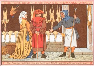 Dindes suspendues dans la vitrine du boucher, carte de Noël