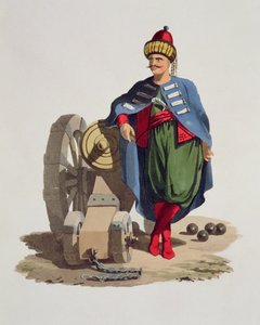 Soldat turc, de Costumes des diverses nations, Volume VII, Le Costume militaire de la Turquie, par Thomas MacLean, publié c.1800-18 - English School