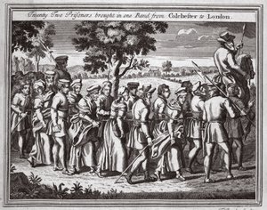 Vingt-deux prisonniers amenés en une seule bande de Colchester à Londres, illustration des Martyrs de Foxe vers 1703 - English School