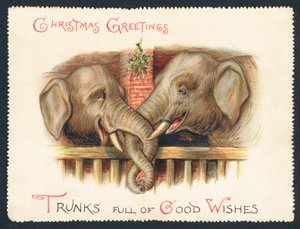 Deux éléphants - trompes entrelacées, carte de Noël - English School
