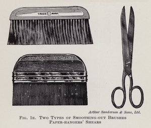 Deux types de brosses de lissage, cisailles de tapissier (lithographie)