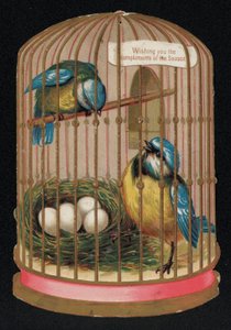 Deux mésanges bleues dans une cage, carte de vœux de Noël (chromolithographie) - English School
