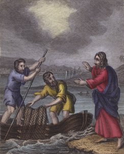 Deux pêcheurs concentrés sur leur pauvre emploi ... (gravure en couleur) - English School
