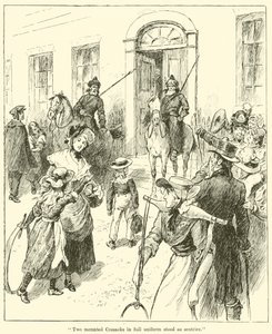 Deux cosaques montés en uniforme complet se tenaient comme sentinelles (gravure) - English School