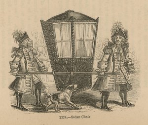 Deux hommes en uniforme portant une chaise à porteurs - English School