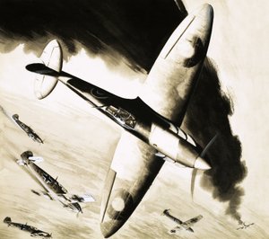 Spitfire non identifié en combat aérien avec des chasseurs allemands - English School
