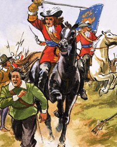 Cavalier non identifié sur le point de frapper un paysan en fuite - English School