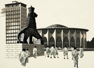 Scène de ville non identifiée avec une étrange statue - English School