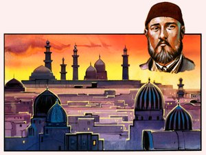 Homme non identifié et ville du Moyen-Orient