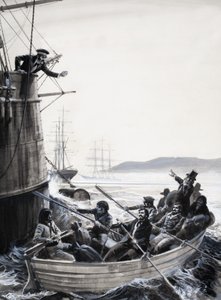 Marins non identifiés (mutins) dans un canot avec un capitaine secouant le poing - English School