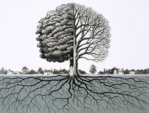 Arbre non identifié, montrant la moitié sans feuilles et le système racinaire - English School