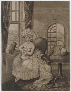 Sans titre (femme assise à une fenêtre regardant un petit chien), vers 1780 - English School